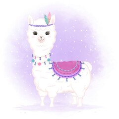 Cute tribal baby Llama hand drawn animal illustration