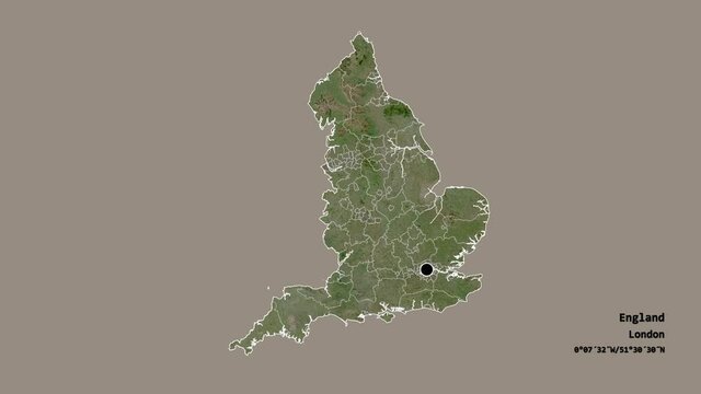Kirklees, administrative county of England, with its capital, localized, outlined and zoomed with informative overlays on a satellite map in the Stereographic projection. Animation 3D