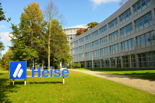 Hannover, Lower Saxony / Germany - Oktober 1, 2017: Heise sign in front of headquarters of Heise online in Hannover, Germany - Heise is a publishing house, its focus is PC oriented publications