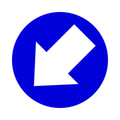 arrow pointing left down in circle blue for icon flat isolated on white, circle with arrow for button interface app, arrow sign of next or download upload concept, arrow simple symbol for direction