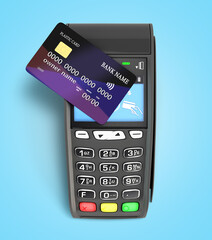 contactless payment by credit card through the terminal 3d render on blue gradient