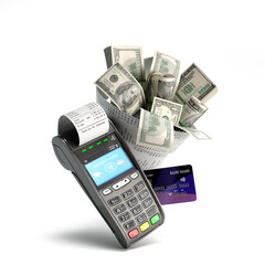 modern concept cashback and contactless payment a bouquet of dollar bills wrapped in a check next to the card terminal 3d render on white