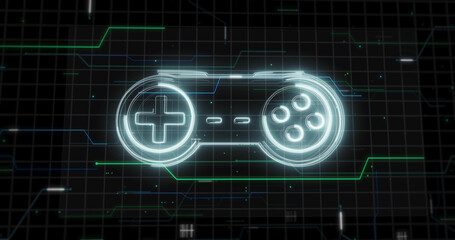 Glowing lines form game controller Gamepad hologram on black © DBFilms