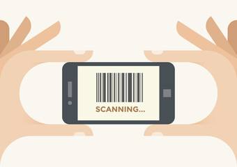 Mobile smartphone scanning barcode in holding human hands. Concepts: Online shopping, product information, retail, shops, markets, consumerism, store food price control