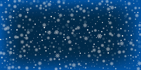 Snowflakes. Snow, snowfall. Falling scattered white snowflakes on a gradient background. Vector	