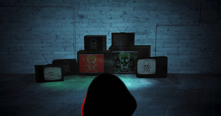 Person sits in front of old TV sets with virus skull in a dark room