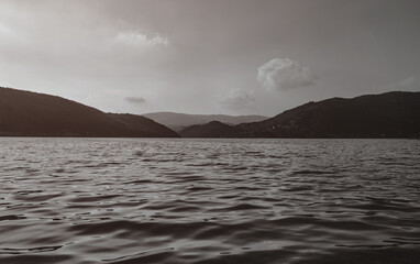 Beautiful view at the Bovan lake in eastern Serbia, black and white photo.