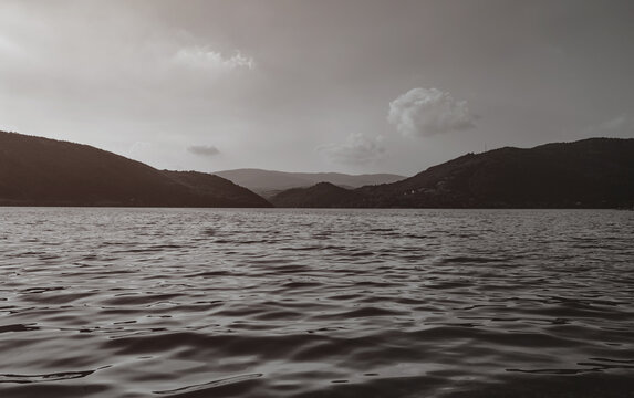 Beautiful view at the Bovan lake in eastern Serbia, black and white photo.