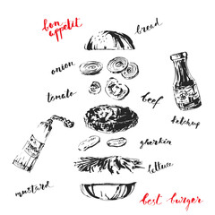 Hand drawn black ink fast food illustration.