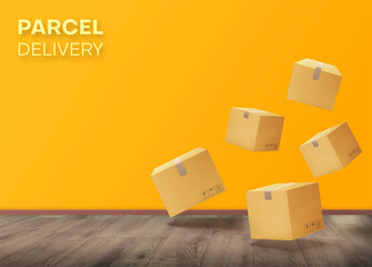 Parcels, boxes floating in the room against the background of a yellow wall and floor. Vector illustration