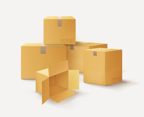 Opened and closed boxes on a white background, unpacking. Vector illustration