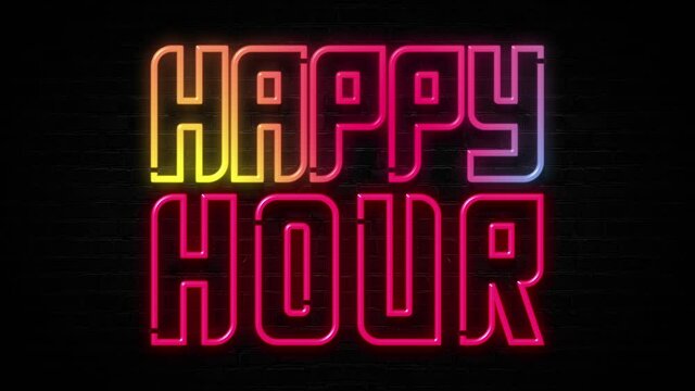 happy hour neon sign on black brick wall, loop animation