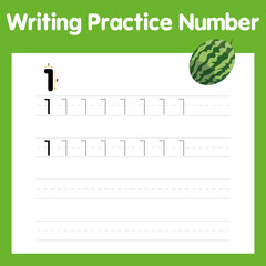 The practice of writing a worksheet. A leaf shows one watermelon. kindergarten kids to improve basic writing skills