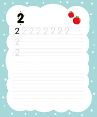 Writing practice number two printable worksheet for preschool. Pictured two apples