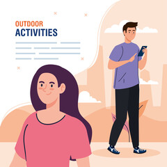 banner, couple performing leisure outdoor activities, couple using smartphone device vector illustration design
