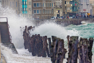 Big high tide and big waves on the Chaussée du Sillon in Saint Malo, Brittany, France