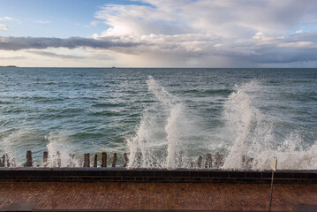 Big high tide and big waves on the Chaussée du Sillon in Saint Malo, Brittany, France
