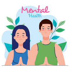 mental health concept, couple with healthy mind, and leaves decoration vector illustration design