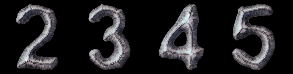 Set of numbers 2, 3, 4, 5 made of forged metal isolated on black background. 3d