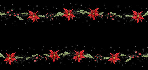 Fototapeta na wymiar seamless vector frame of winter flowers, poinsettias and branches of Rowan. hand-drawn sketch, Doodle, drawing in a realistic style. for decoration, design, Wallpaper, presentation, paper