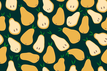 Pears seamless pattern on a dark background. Vector illustration