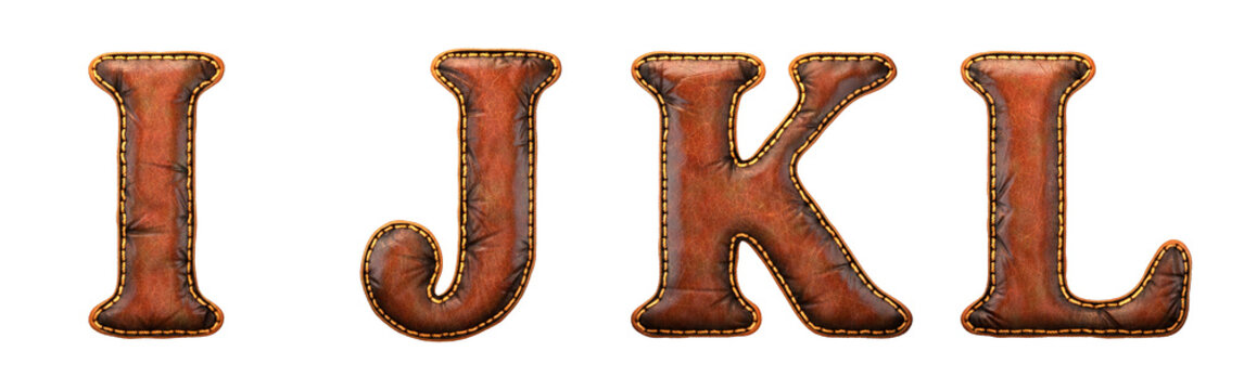 Set of leather letters I, J, K, L uppercase. 3D render font with skin texture isolated on white background.