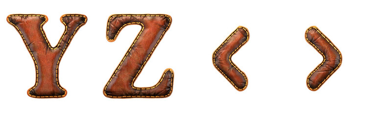 Set of leather letters Y, Z and symbol left, right angle bracket uppercase. 3D render font with skin texture isolated on white background.