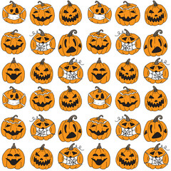 Halloween seamless pattern with pumpkin faces. With stylish hand drawn cartoon characters and elements. Doodle style vector pattern with pumpkins.