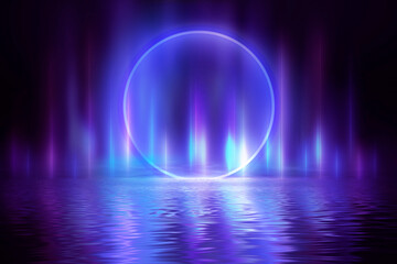 Dark neon background. Reflection of light circle on the water. Smoke fog. Light neon effect, energy waves on a dark abstract background. Laser neon show. Smoke, fog. 3d illustration