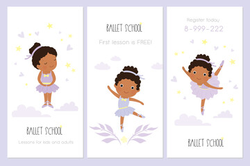 Cards or banner ballet school template. Dance studio flyer. Cartoon Little baby ballet dancer.