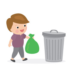 Trash can and caucasian boy throw out the garbage. Cartoon preschooler holding garbage bags.