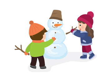 Cartoon happy children make a snowman. Cute caucasian kids build a sculpture of snow together.
