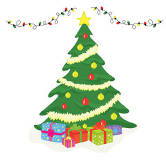 Christmas tree with gifts and presents. Cartoon Decorated colorful traditional xmas tree symbol