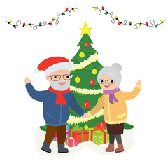 Cartoon elderly couple celebrating xmas or new year. Happy caucasian old people hold hands