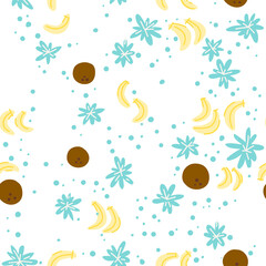 Fototapeta na wymiar Summer tropical pattern. Vector illustration with coconuts, bananas and flowers. Simple flat graphics. For backgrounds, packaging, textile and various other designs. Vector image, clipart.