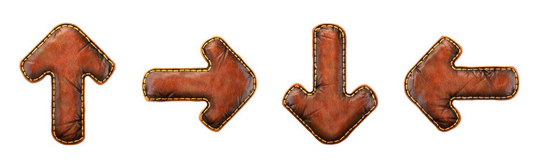 Set of symbols up arrow, right arrow, arrow to down and left arrow made of leather. 3D render font with skin texture isolated on white background.