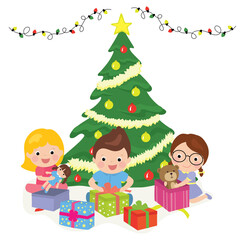 Obraz na płótnie Canvas Christmas tree with presents. Cartoon happy children unpack gifts.