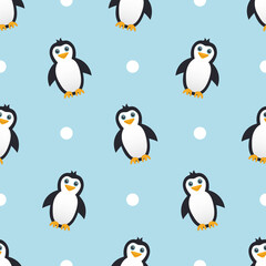 Cute penguin seamless pattern vector on light blue background.