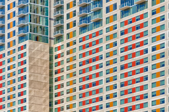 High rise residential building in San Antonio Texas with colorful exterior.