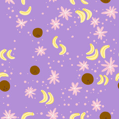 Fototapeta na wymiar Summer tropical pattern on violet background. Vector illustration with pineapples, bananas and flowers. Simple flat graphics. For backgrounds, packaging, textile and various other designs.