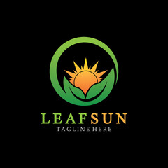 Sun & Green Leaf Logo Icons vector design template. Eco Sun Energy Logo isolated on black background