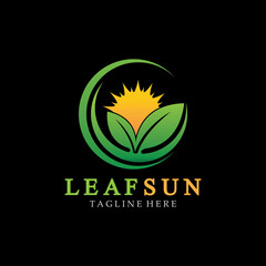 Sun & Green Leaf Logo Icons vector design template. Eco Sun Energy Logo isolated on black background