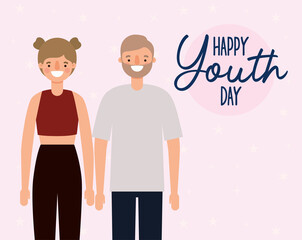 woman and man cartoons smiling of happy youth day design, Young holiday and friendship theme Vector illustration