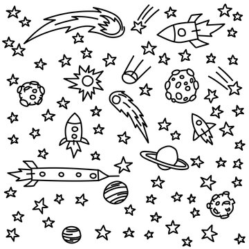Space coloring page. Space travel illustration. Vector doodle image, clipart, editable details. Set of elements for banner, poster, greeting card, party invitation. Rockets, planets, stars and comets.