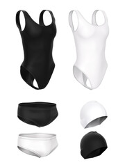 Set of sportswear for swimming. Women's closed swimsuit, rubber swimming cap, men's short swimming trunks. 3d illustration of clothing templates, mock up black and white color.