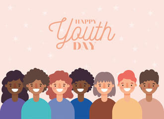 Fototapeta na wymiar women and men cartoons smiling of happy youth day design, Young holiday and friendship theme Vector illustration