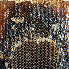 Drop of bee honey drip from hexagonal honeycombs filled with golden nectar.