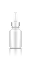 White plastic dropper container with lid mockup. Blank medicine or cosmetic package for eye or nose drops, oil, and serum. Product template. Isolated 3d vector illustration