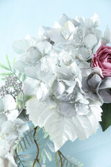 アンティークカラーのバラとシルバーの紫陽花のリース（造花）