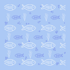 Poster with cute fish on a blue background. Hand drawing. Vector illustration.